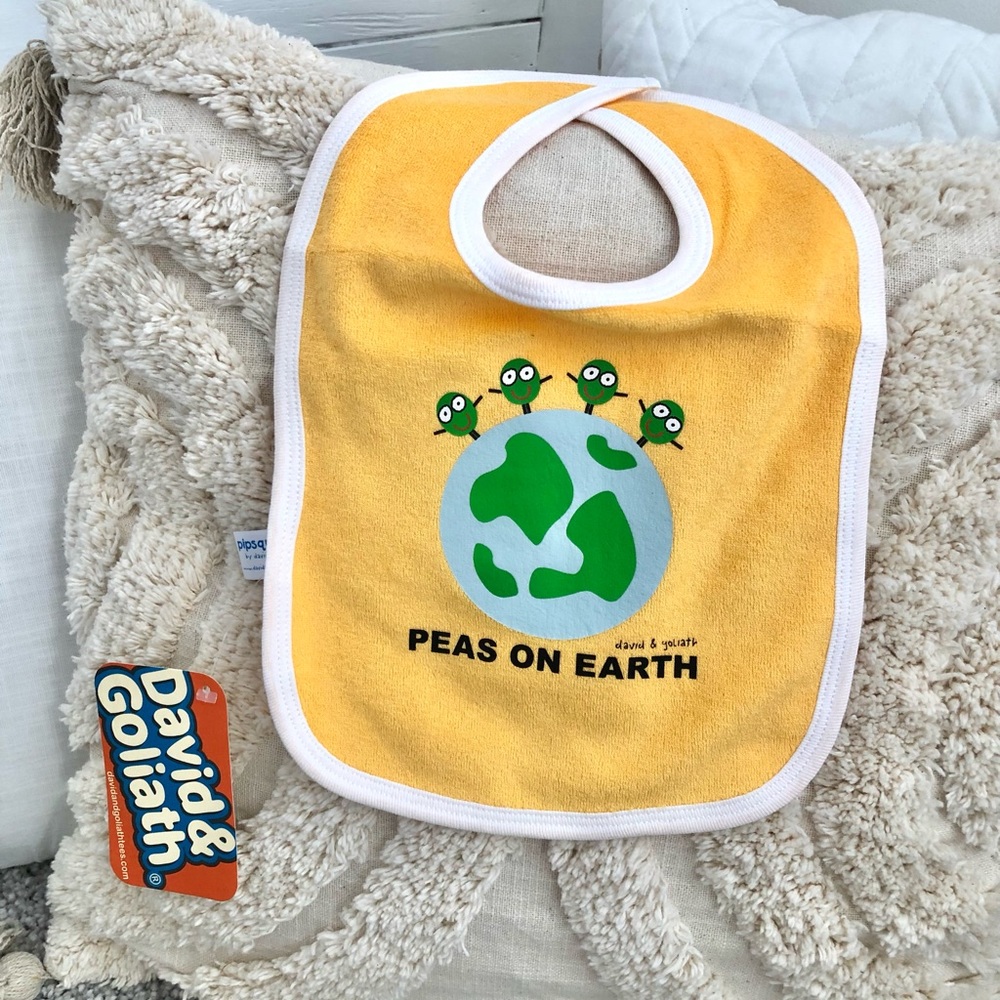 David & Goliath Baby Toddler Bib PEAS ON EARTH Unisex, NWT